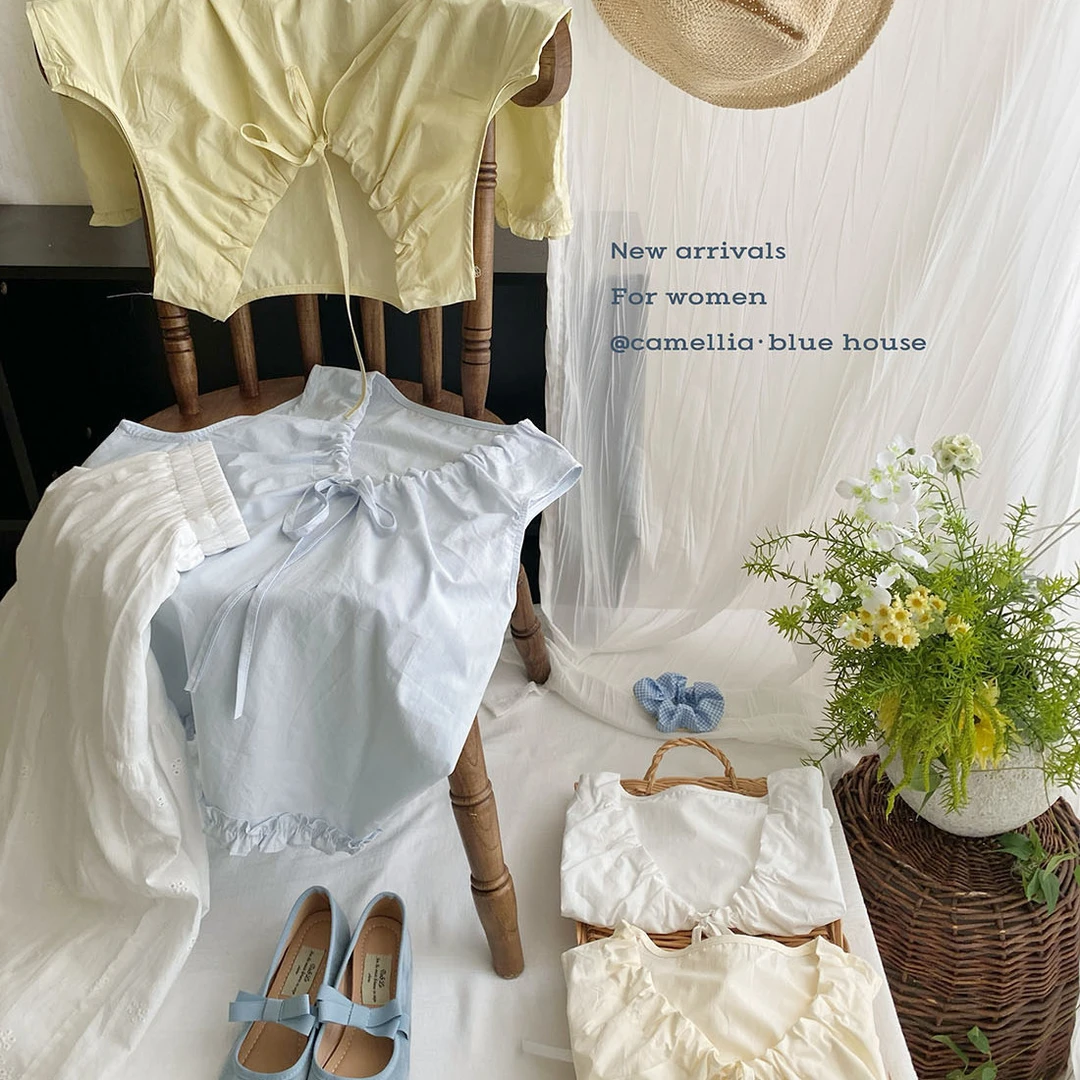 慵懒度假风抽褶系带坎肩衬衫女夏季木耳花边气质减龄显瘦绑带上衣
