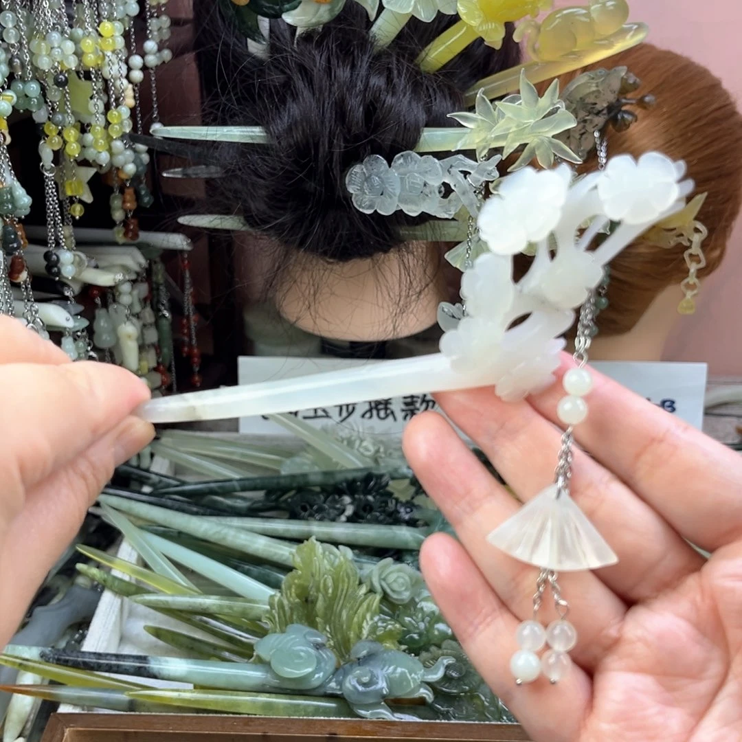 蛇纹石玉发饰未镶嵌长度16厘米左右