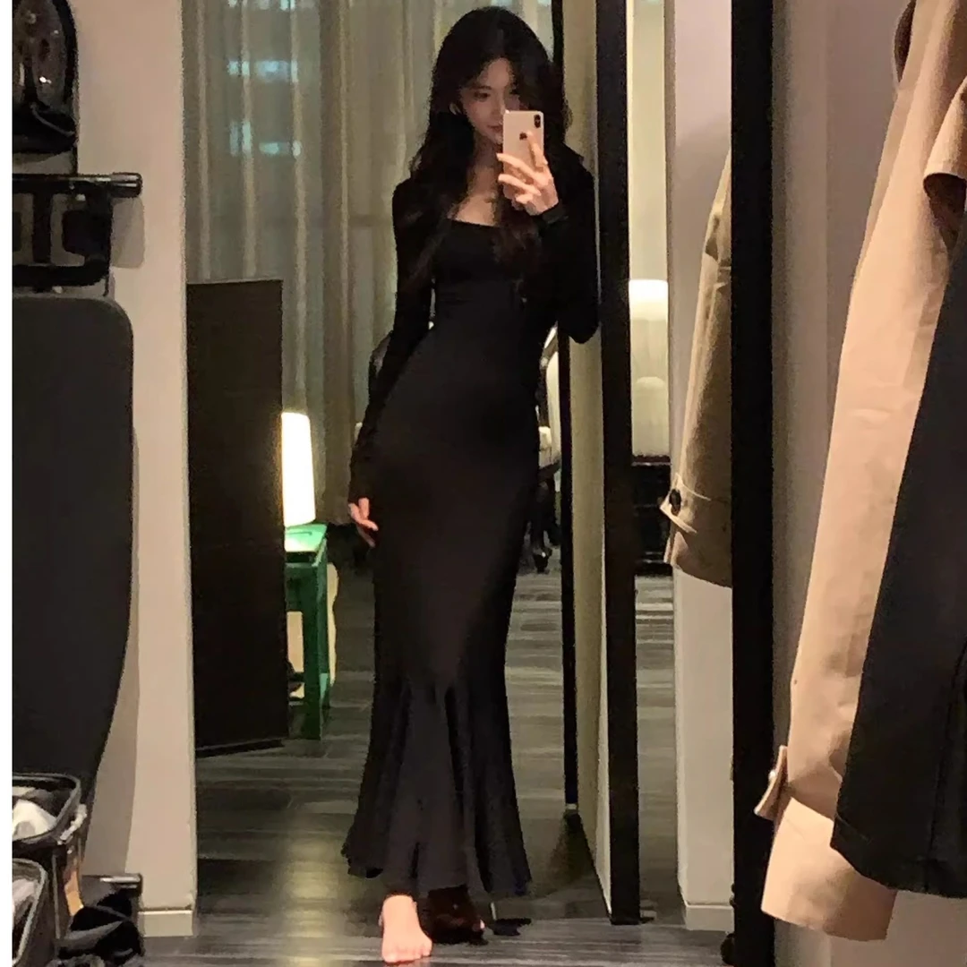 氛围韩系早秋季流行穿搭女2025新款步步生莲黑色鱼尾连衣裙子长裙