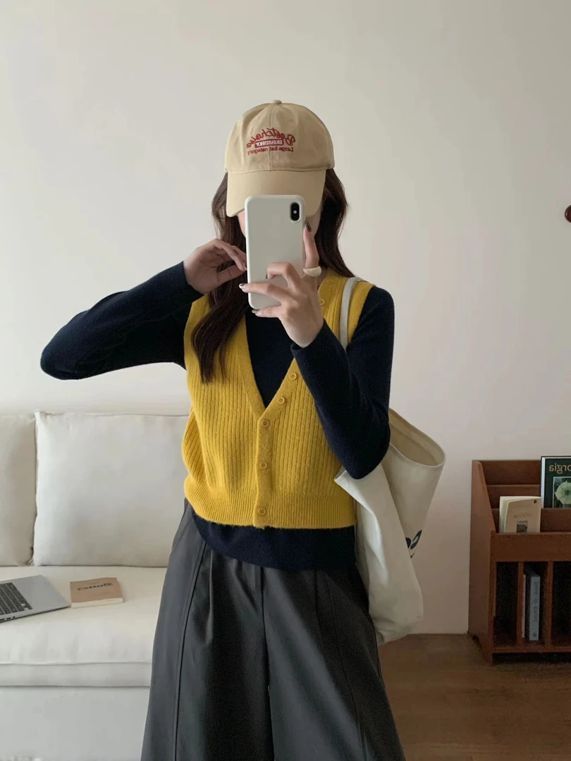 2025年秋季新款韩版宽松撞色假两件长袖针织衫休闲百搭出游服装女