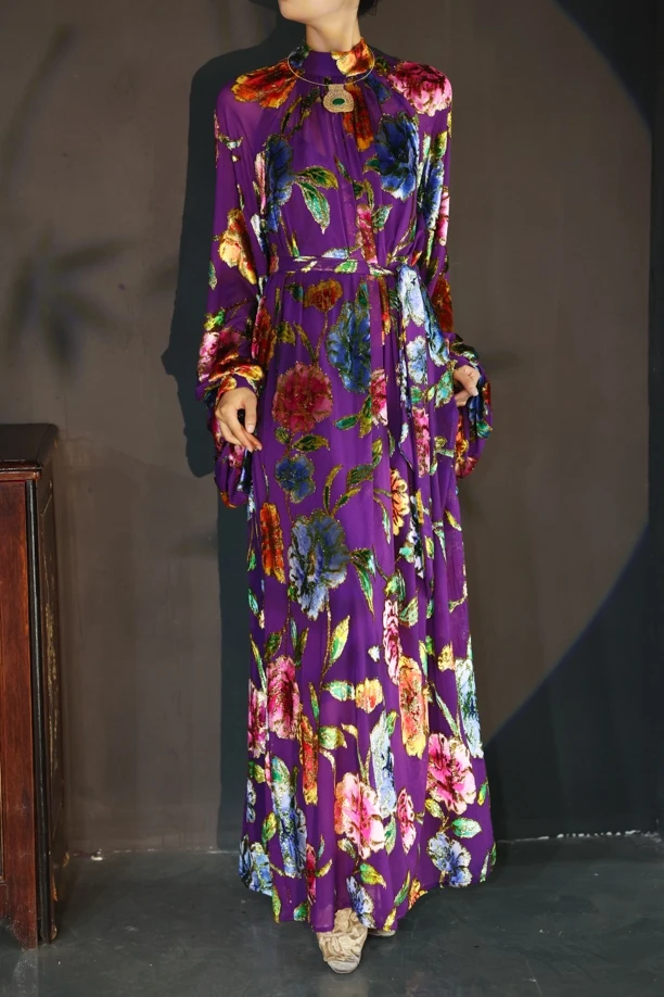 【李小姐】设计师款丝绒烧花新中式紫色长款腰带连衣裙女