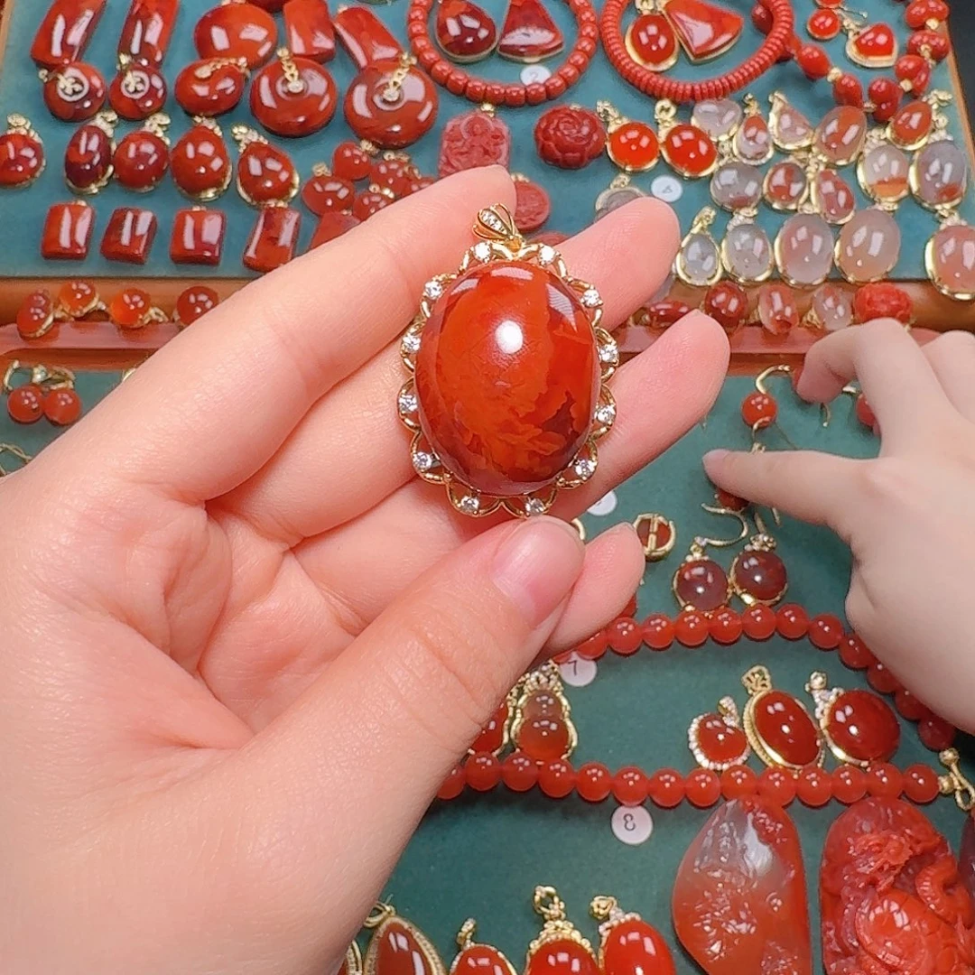 南红玛瑙银S925镶嵌吊坠