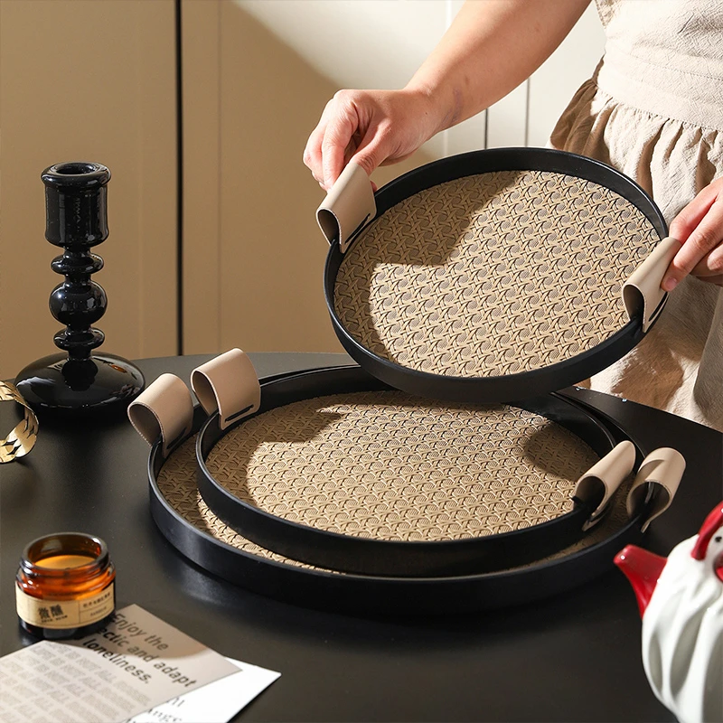 舍里轻奢风藤格纹皮革圆形托盘家用化妆品收纳盘首饰盘装饰摆盘