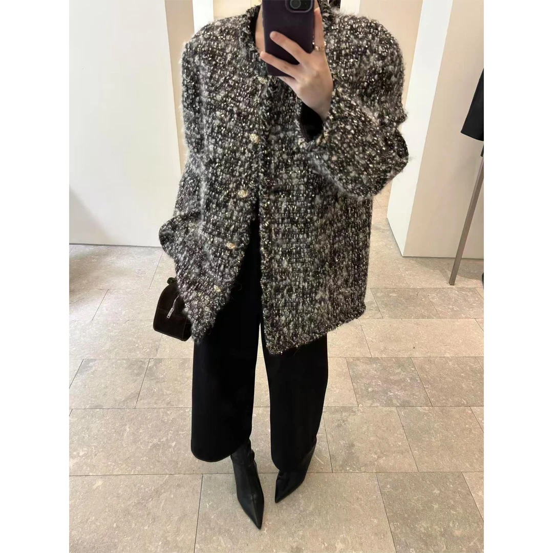 2025年巨好看的冬季慵懒高级感粗花呢杂色外套无彩色美学气质上衣