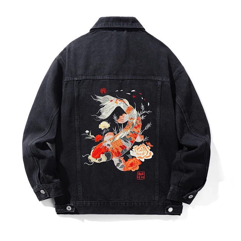 重工艺夜光锦鲤鱼刺绣国潮牛仔外套男春秋黑灰夹克休闲翻领痞帅潮