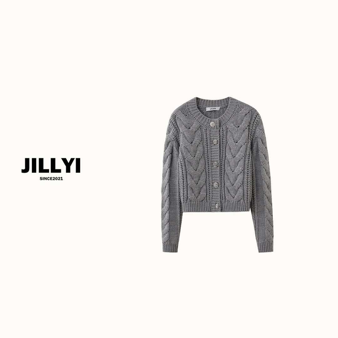 JILLYI南山店【钻石冬夜】两色粗针钻扣针织毛衣开衫显瘦贵气秋冬