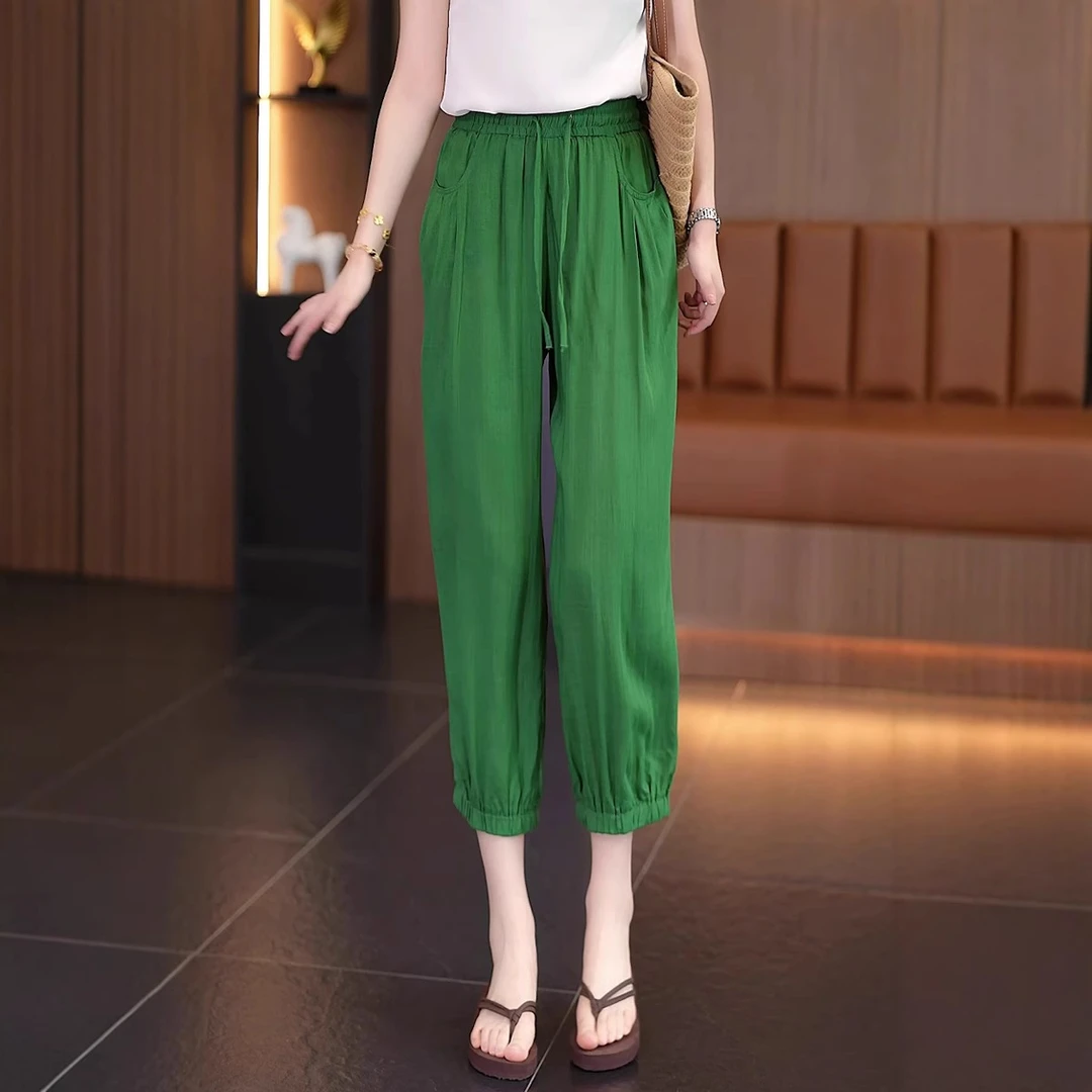 亚麻2025年超火的裤子女夏薄款新款凉凉裤高腰透气妈妈休闲哈伦裤