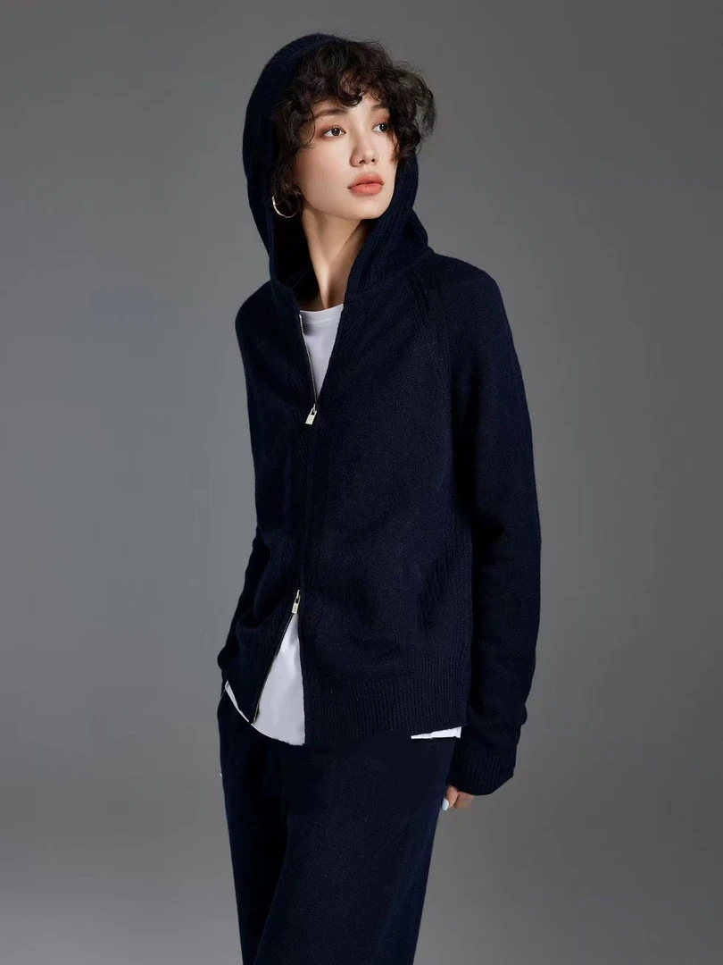 匠心品质精纺长袖拉链连帽针织开衫外套女外穿毛衣上衣9788