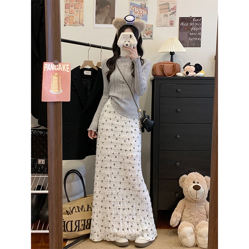 大码木耳边蝴蝶结印花蕾丝碎花鱼尾半身裙早春包臀长裙