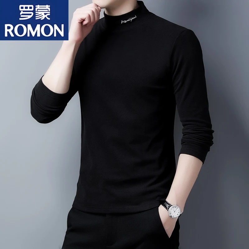 罗蒙秋冬季双面绒打底衫长袖T恤男士半高领刺绣保暖内搭男装上衣