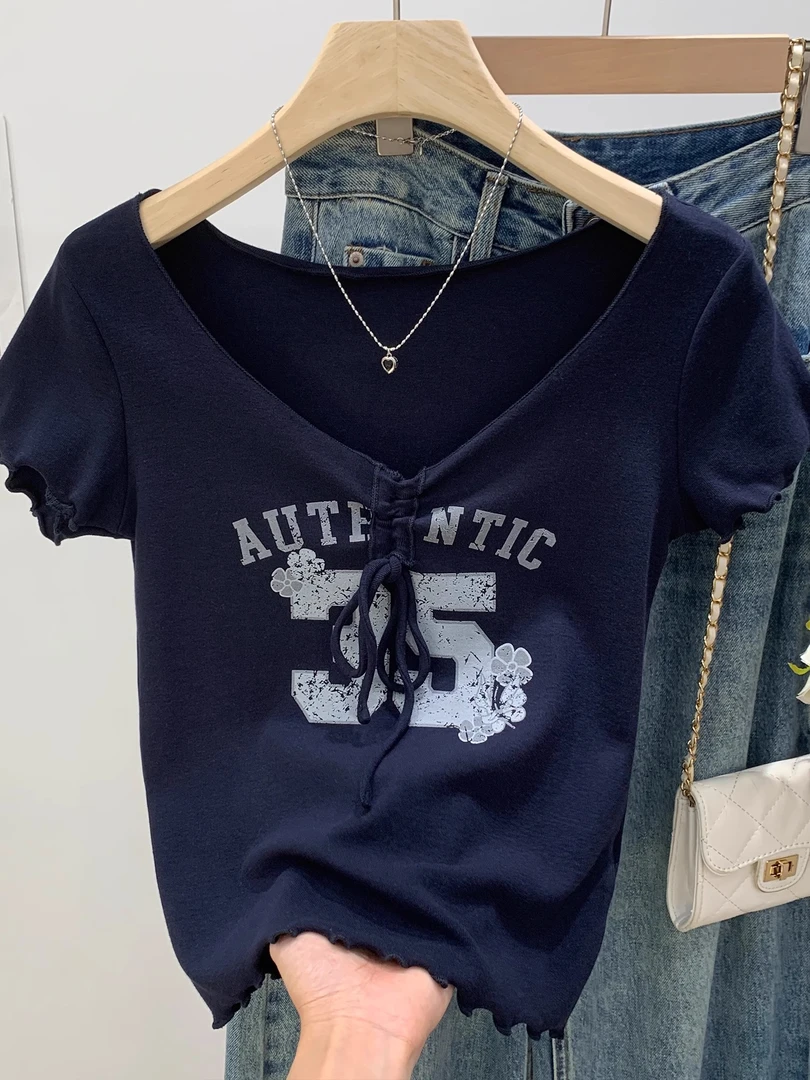 美式复古独特印花系带蝴蝶结短袖t恤女2025夏木耳边显瘦百搭上衣