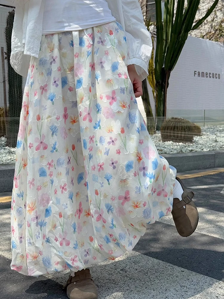 独特漂亮彩色花苞裙女大码碎花半身裙胖mm显瘦a字长款蓬蓬伞裙子