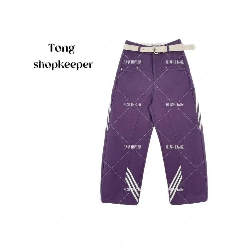 QJ/彤掌柜1681340 春款2025斜条纹秀款拼腰带设计休闲工装裤