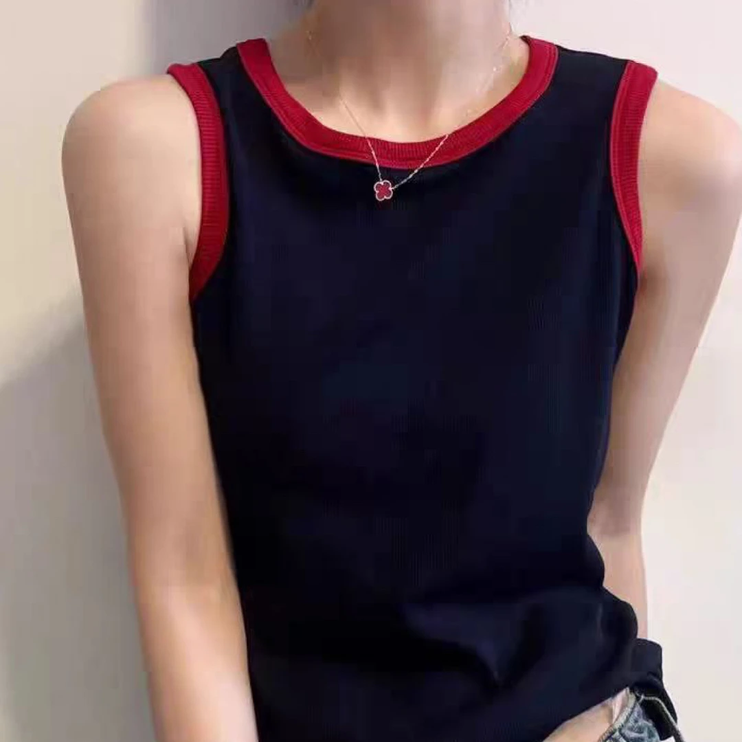 阿玉家&撞色圆领无袖洋气女款打底领拼色背心时尚百搭#9147