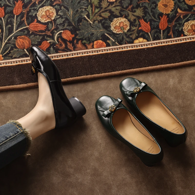 成都真皮手工/头层牛皮新款夏季小众高级感法式蝴蝶结圆头女单鞋