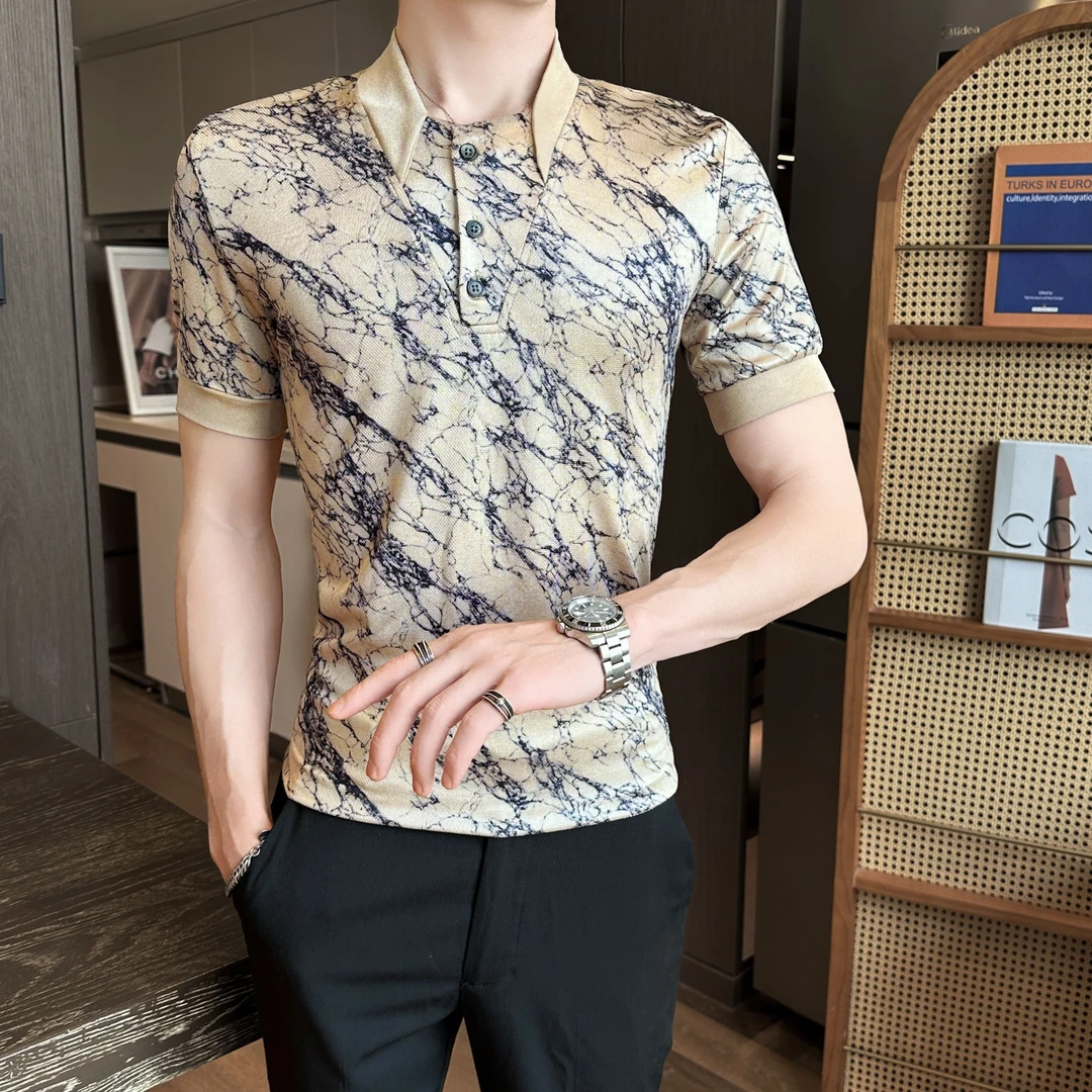 设计感拼接V领短袖Polo衫男装夏季新款网红痞帅印花薄款T恤男个性