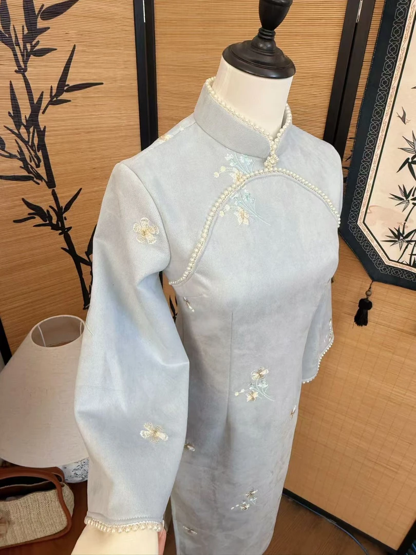 蘑菇旗袍 《伽蓝》两件套浅色淡雅新款国风旗袍复古秋冬款