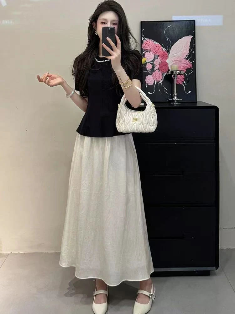 LL琳法式千金小香风套装裙高级感收腰短袖上衣高腰半身裙25381