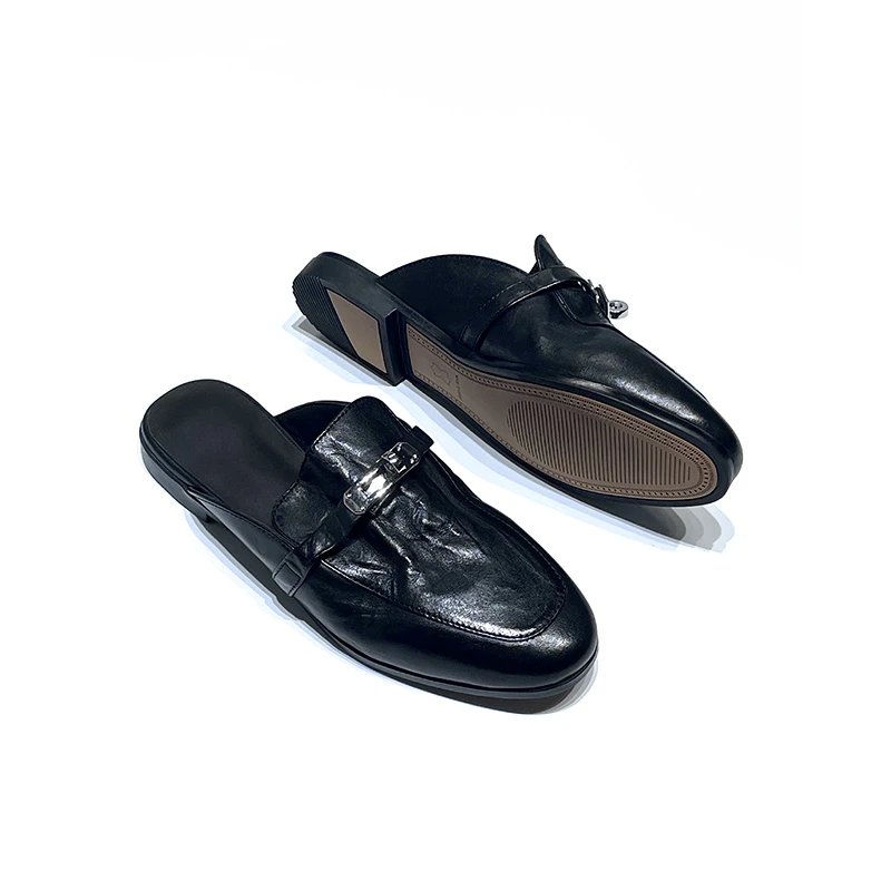 马皮锁扣拖鞋女夏真皮穆勒包头拖无后跟懒人凉拖