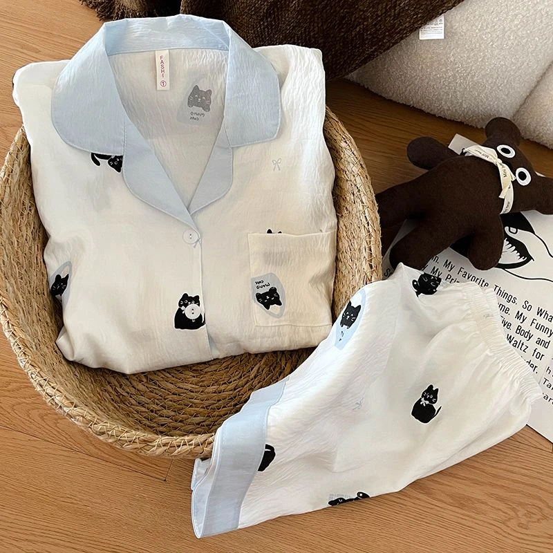 ins新品天蓝小猫咪女生睡衣夏天短袖云朵棉学生家居服套装可外穿