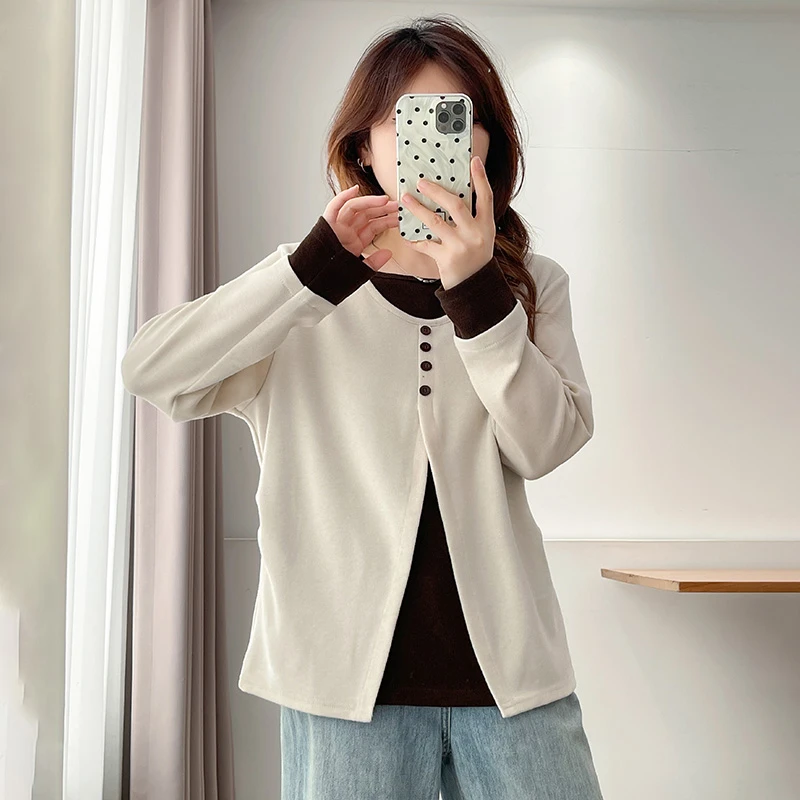 大码女装新款时尚假两件长袖T恤女宽松显瘦百搭胖mm洋气遮肉上衣