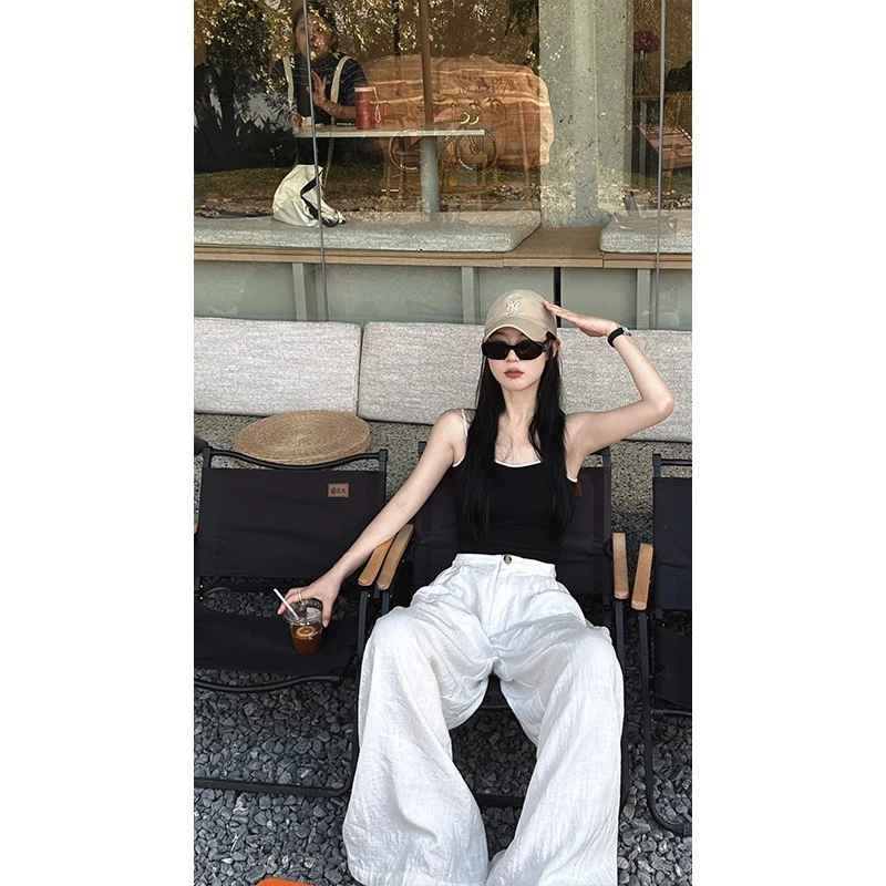 2025夏季新款纯欲风辣妹无袖背心吊带上衣时尚高腰休闲阔腿裤套装