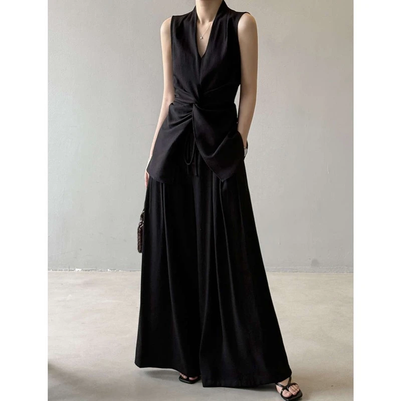 扭结无袖衬衫上衣套装女2025夏季新款阔腿裤拖地裤子休闲裤两件套