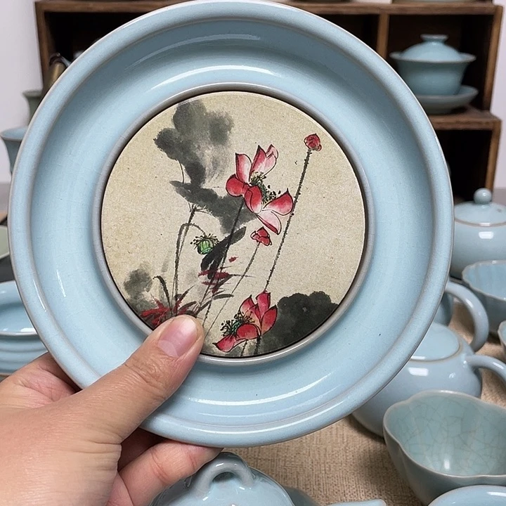 壶天青水墨荷花创意壶承微瑕