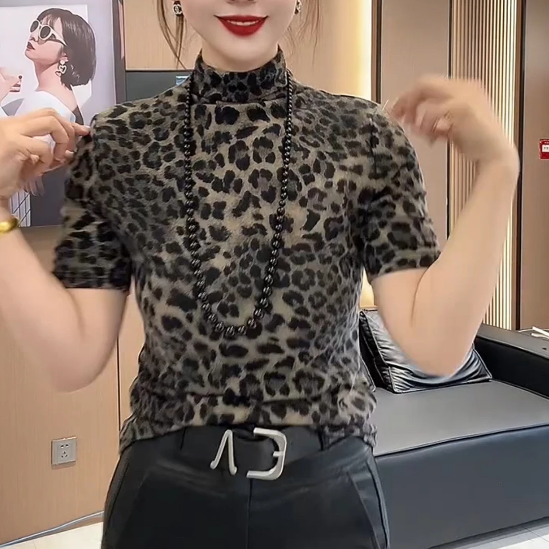 小众豹纹短袖T恤中袖时尚轻薄秋冬夏季豹纹打底衫气质百搭半高领