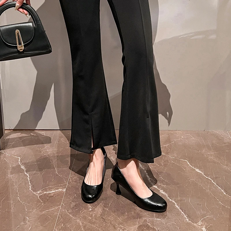 圆头高跟鞋2025夏新款舒适百搭浅口黑色职业工作女单鞋大小码细跟