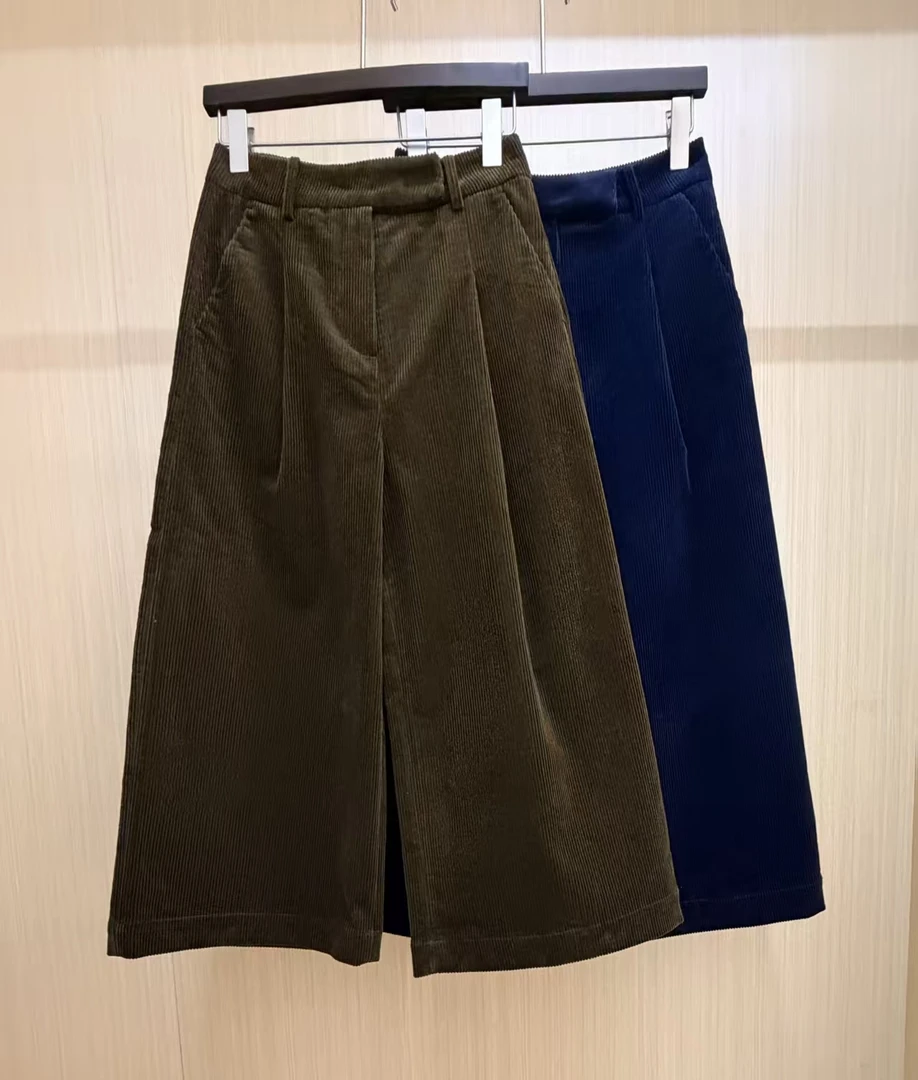 【浥尘女装】311冬季新款阔腿裤 韩系高腰 压褶灯芯绒休闲裤中长裤