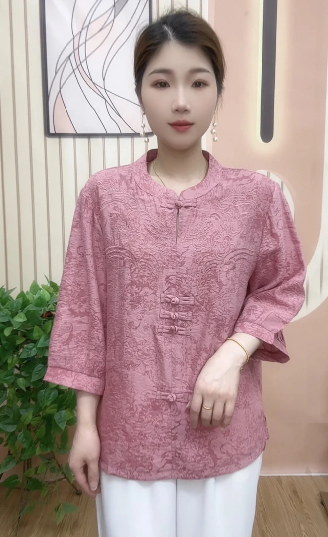 夏季新款重工刺绣盘扣立领宽松显瘦套头衬衫复古中国风