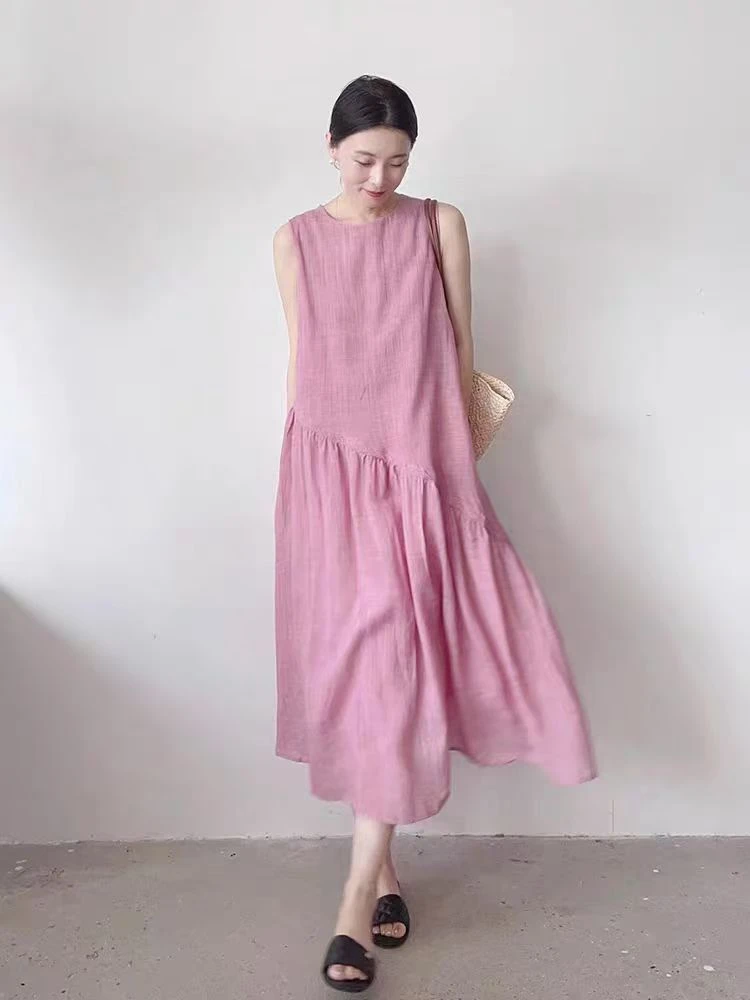 2025新款爆款棉麻粉红减龄裙子高级时尚法式连衣裙宽松休闲长裙