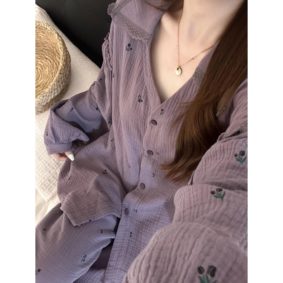 韩系甜美紫色纯欲睡衣女春秋新款大码长袖长裤家居服套装可外穿