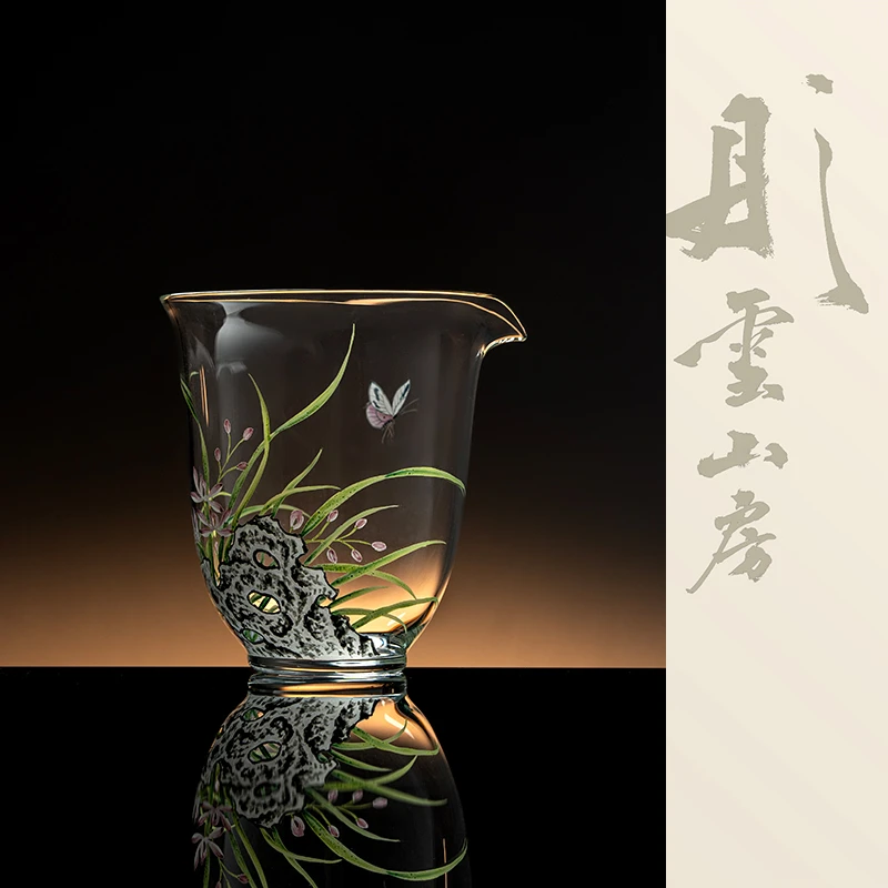 彤云山房玻璃手绘珐琅兰花福石大右手公道杯景德镇手绘手绘茶具