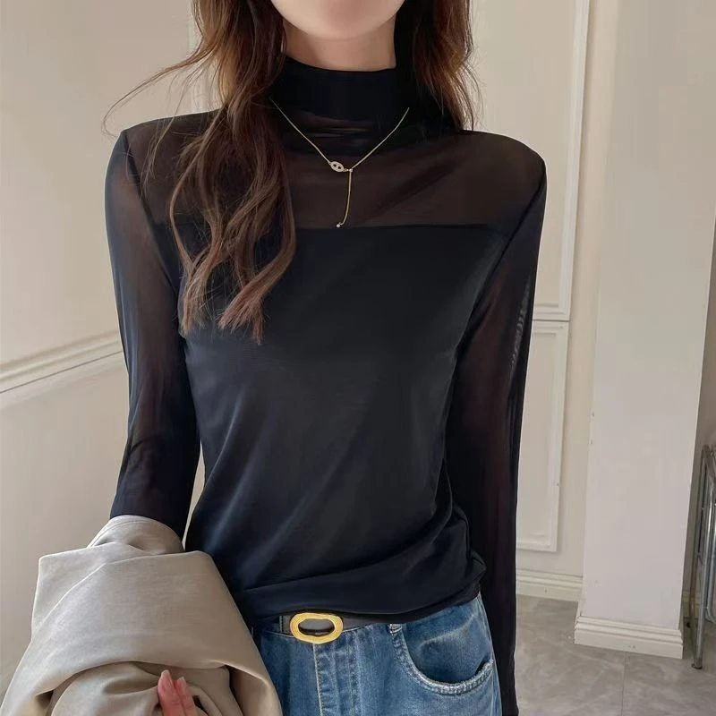 拼接半高领网纱打底衫女早秋新款气质修身内搭长袖薄款上衣打底衣