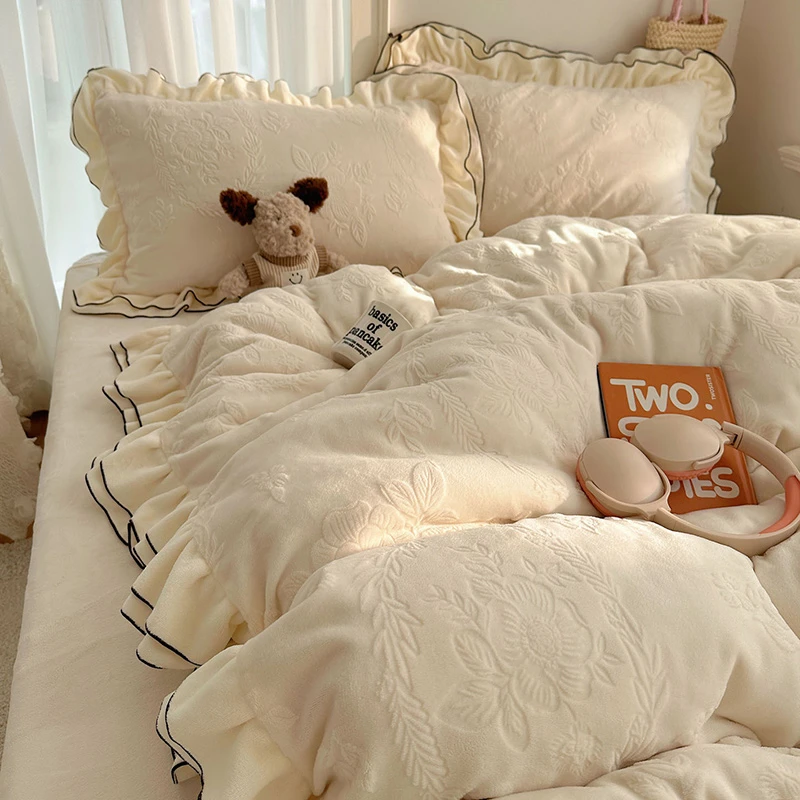 A类雕花牛奶绒四件套少女心双层花边被套双面绒床上加厚毛绒床单