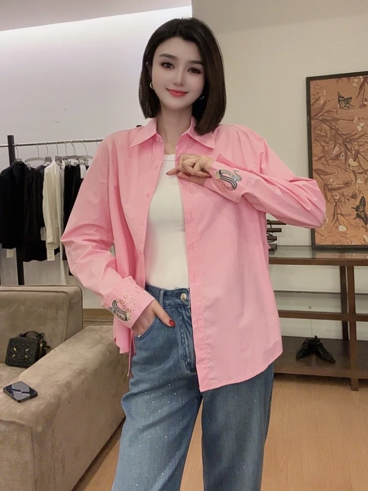 【ROMDENSE】2025春季新款袖口拼接珠片刺绣百搭衬衫