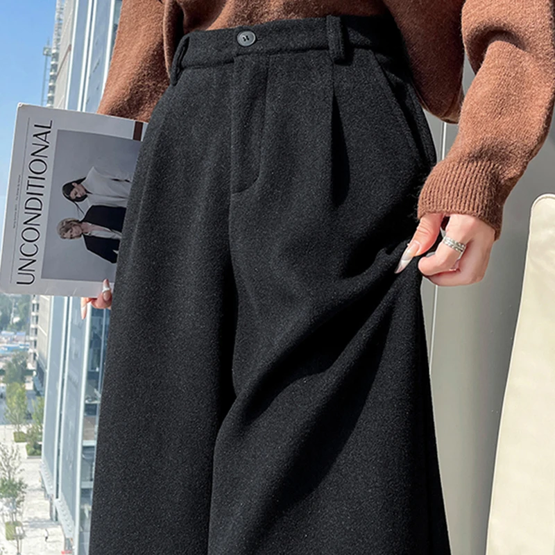 灰色毛呢直筒裤女秋冬2025新款高腰显瘦阔腿八分裤