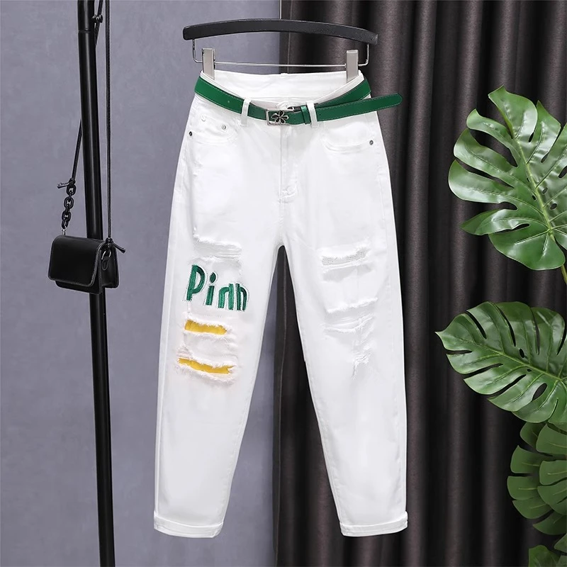 镶钻九分哈伦裤女牛仔裤高腰破洞裤2025年新款春秋女裤子显瘦欧货