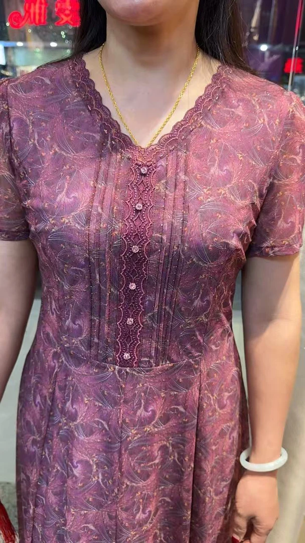 夏季中年妈妈装收腰中长款短袖台湾纱连衣裙