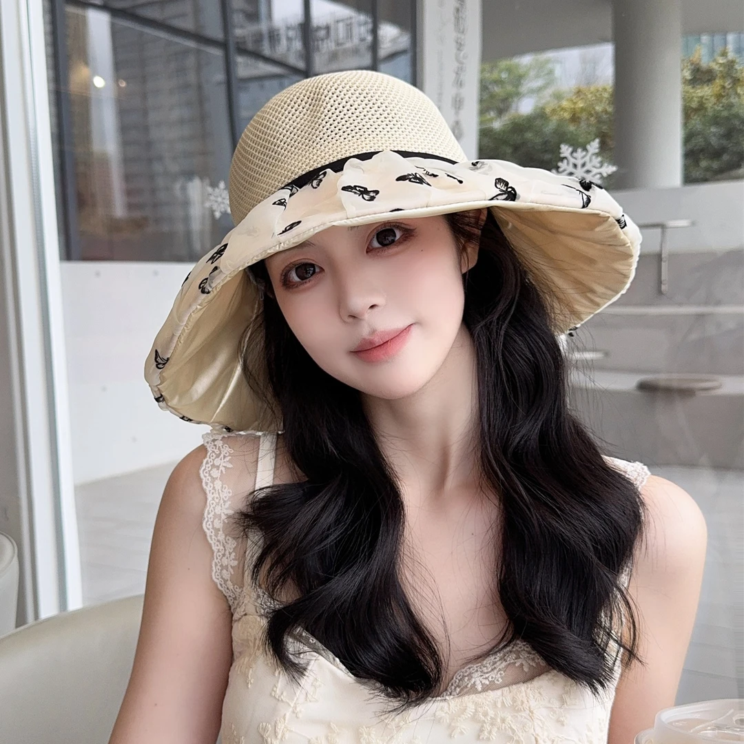 夏季韩版彩胶帽子女网纱款渔夫帽蝴蝶结防晒遮阳帽网眼透气太阳帽