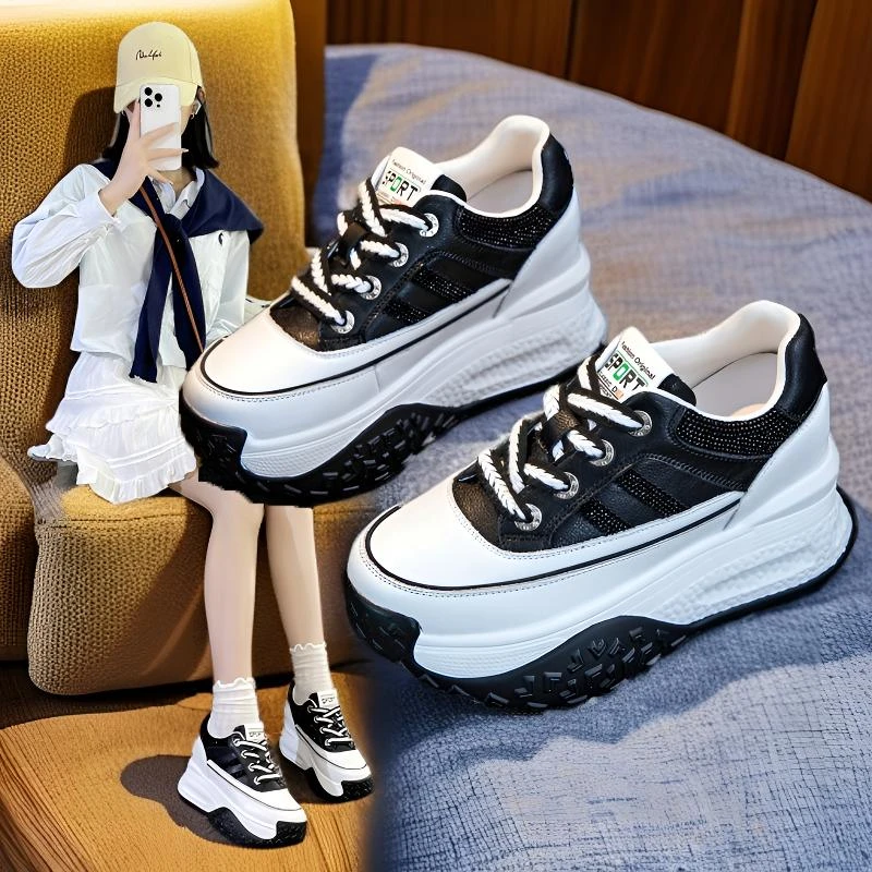 内增高9cm高跟水钻休闲小白鞋女ins韩版不累脚松糕鞋2025秋季新款