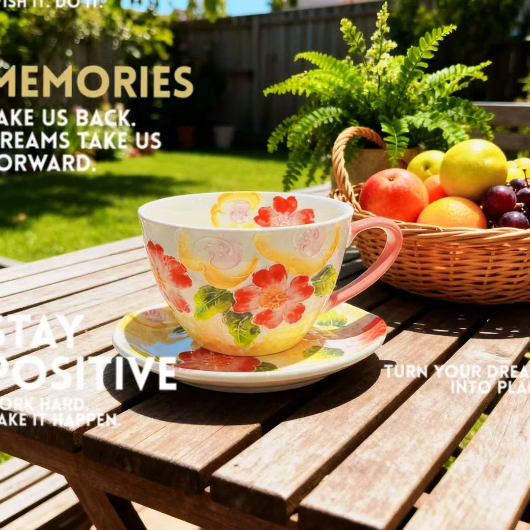 【一杯一碟】彩墁卡莉娅手绘陶瓷马克杯咖啡杯碟下午茶杯碟牛奶杯