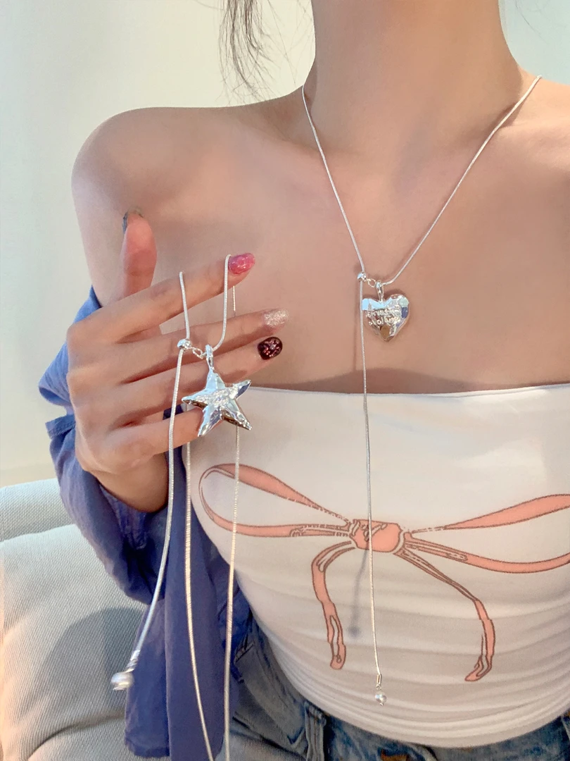 铜合金项链  韩系银色爱心星星抽拉项链女小众高级秋冬长款毛衣链