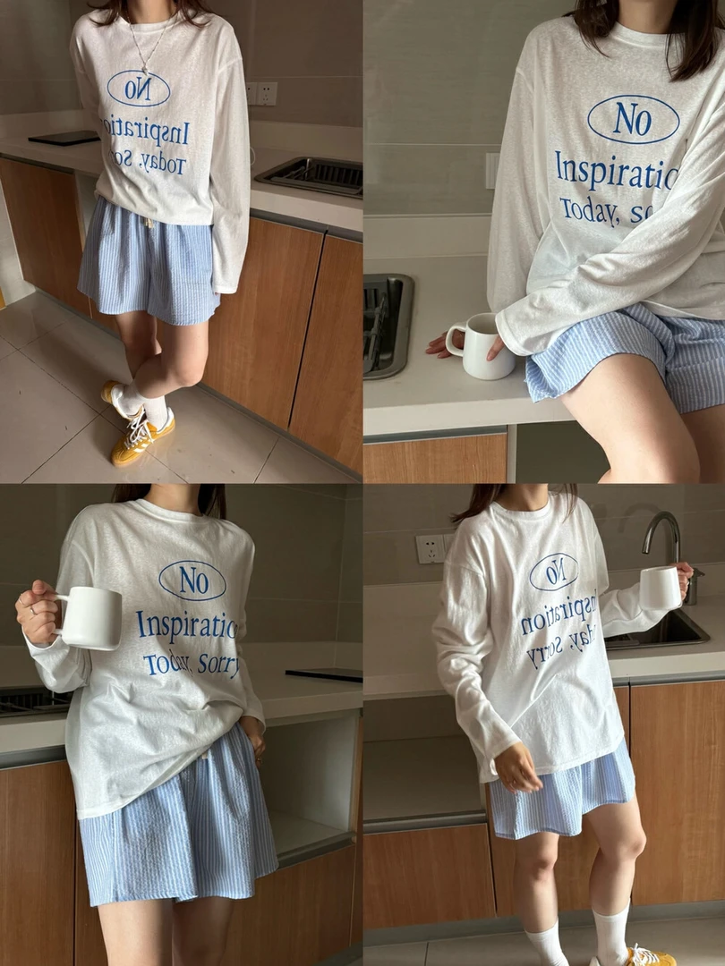 chic！博主同款！宽松简约色字母防晒衫T+条纹短裤