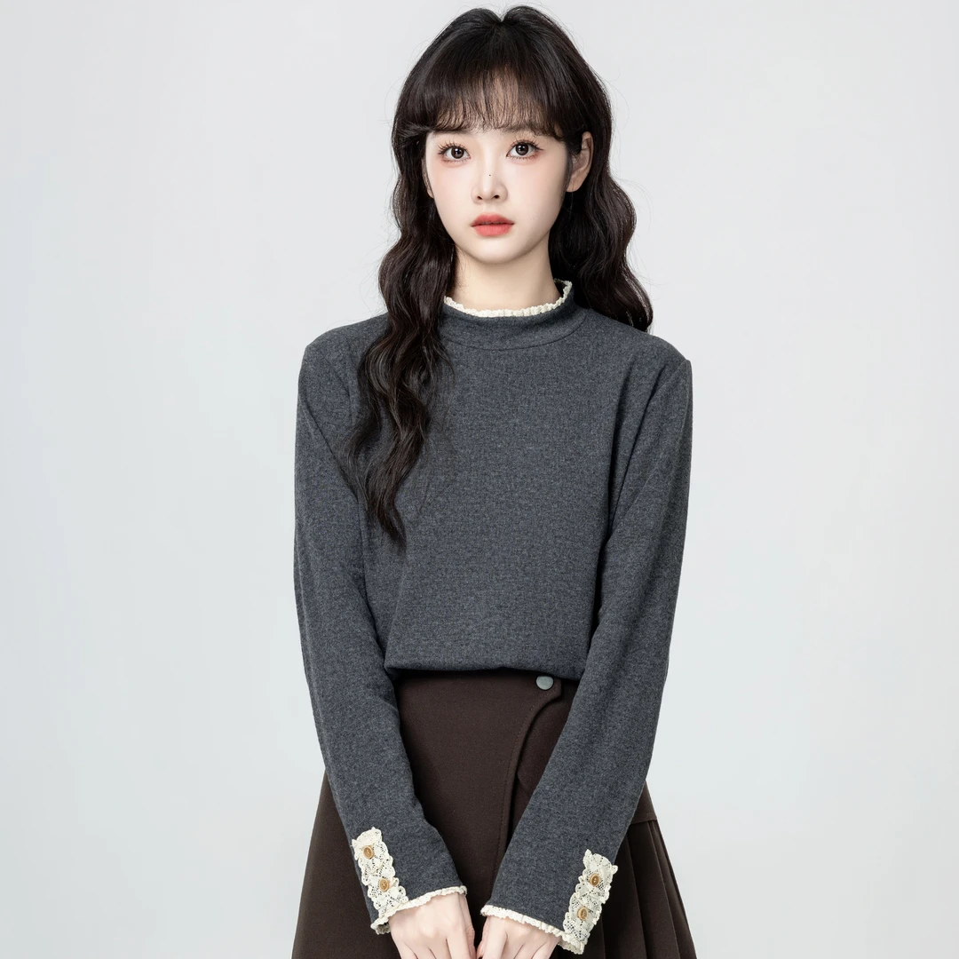 灰色半高领花边打底衫女秋冬2025秋季新款设计感内搭长袖T恤上衣