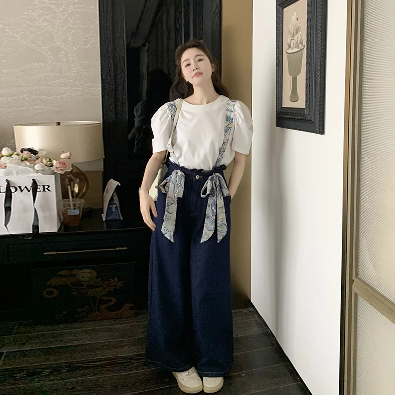 深蓝色小众设计感牛仔背带裤女2025春季小个子宽松时尚直筒阔腿裤