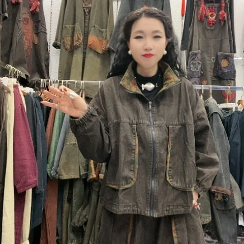 刺绣招财猫牛仔拉链套装