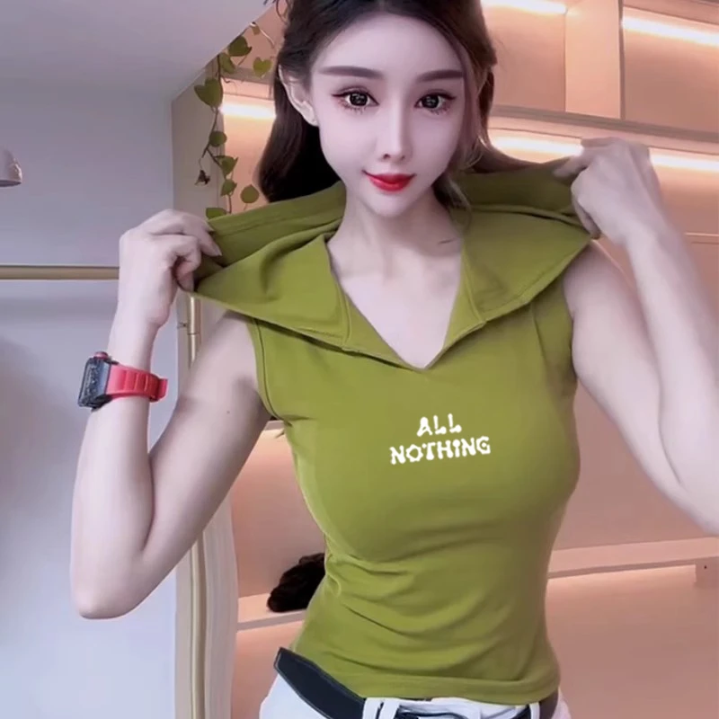 辣妹风性感连帽字母印花背心吊带女今年流行爆款修身显瘦百搭上衣